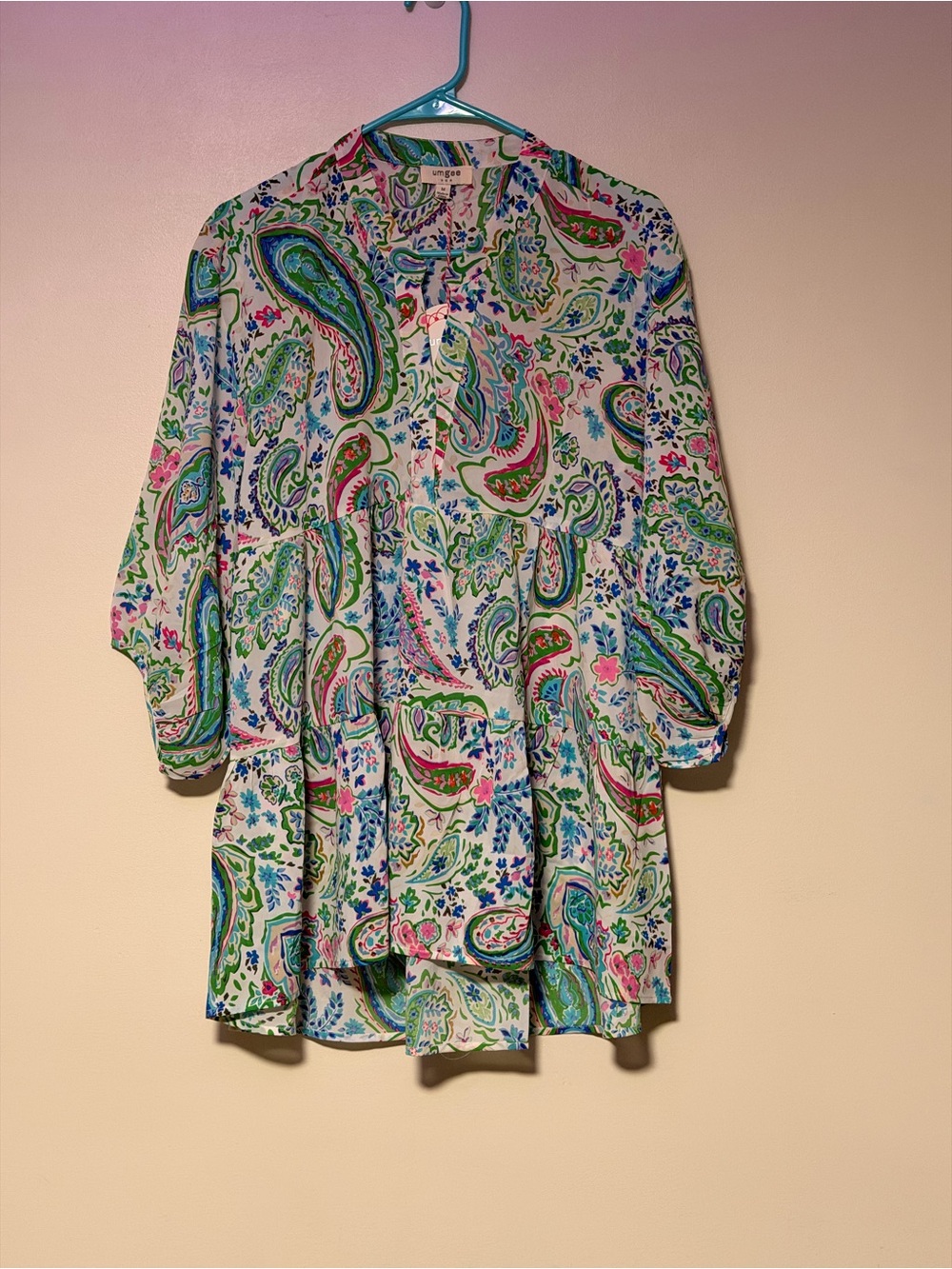 Umgee White Paisley Print Tunic Blouse with Green, Blue & Pink